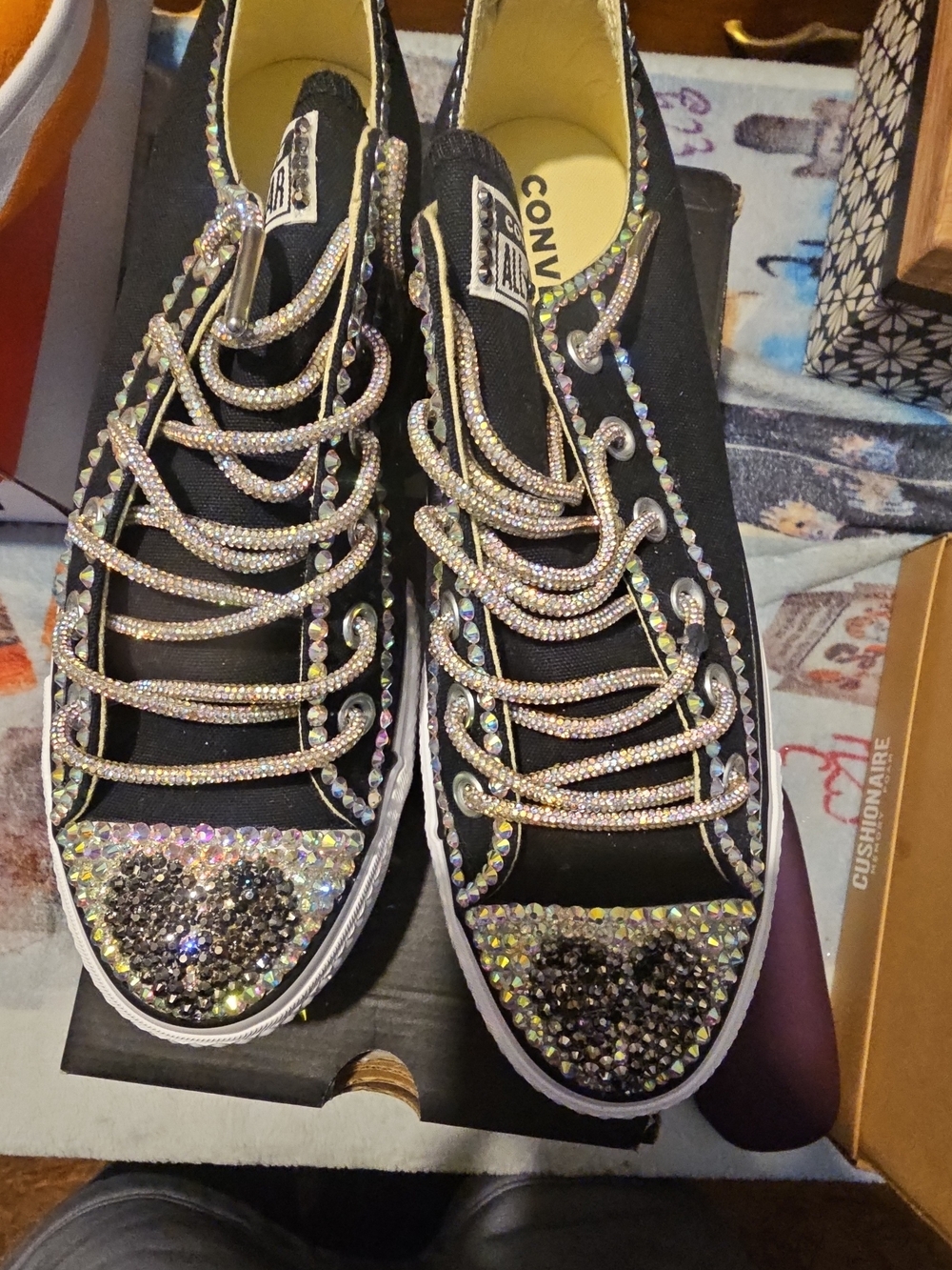 Converse Black Low-Top Sneakers with Iridescent Crystal Embellishments